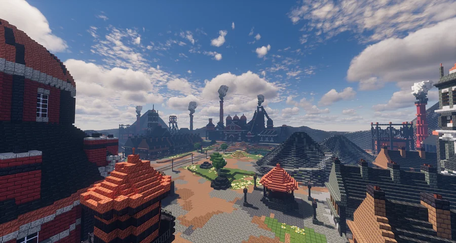 Coaltown seen from a rooftop, its slag heaps and smoking chimneys behind the square